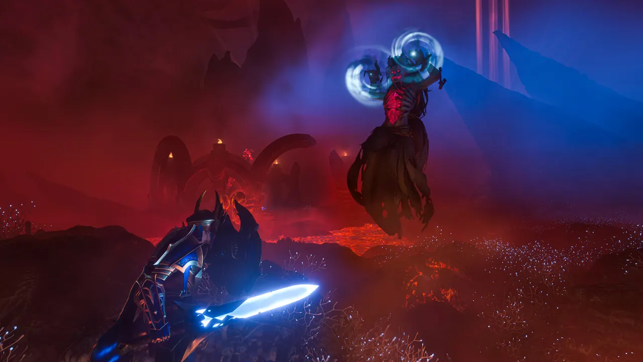 Mage standing in a lava field beside a floating caster