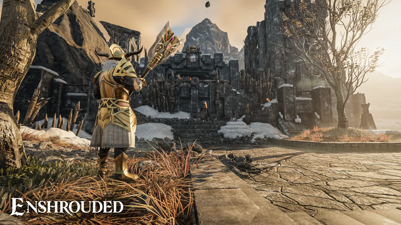 Armored knight facing frozen ruins across cracked ground