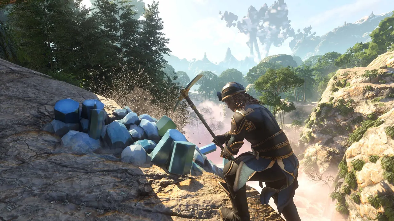 Armored Flameborn mining blue crystal nodes on a cliff