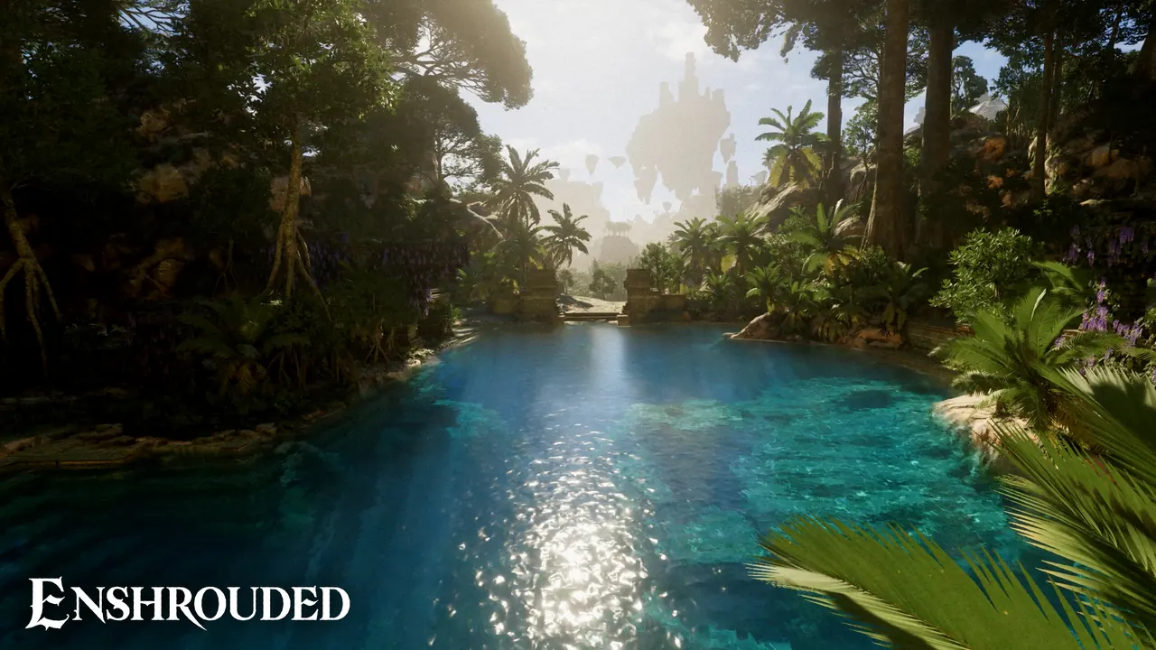 Turquoise pool lined with palm trees below floating islands