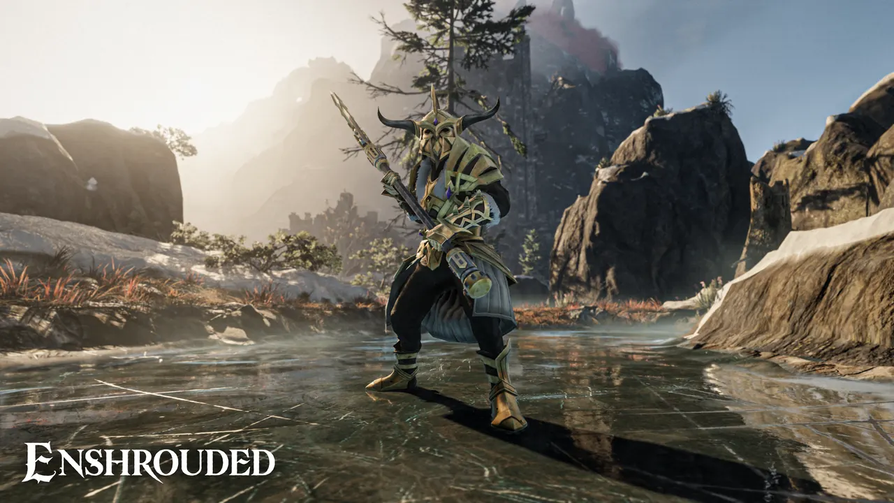 New armored enemy type standing in a lava-lit ruin corridor