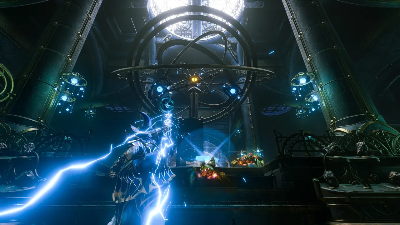 Flameborn casting blue lightning inside a dark machine hall